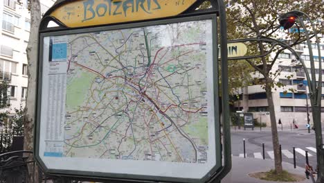 Paris-Metro-Sign-of-Botzaris-Station,-Map-of-the-City-Urban-Lines,-France