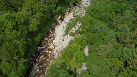 Fast-birdseye-to-wide-river-and-trees-view-in-Vermont,-USA