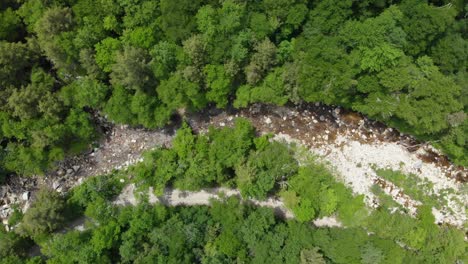 Vogelperspektive-Und-Kurve-Um-Den-Fluss-Im-Grünen-Bergwald,-Vermont