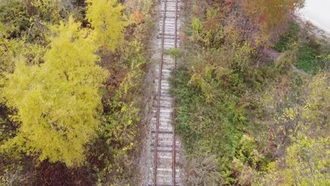 Aerial-Drone-View-Flying-Along-Old-Overgrown-Railroad-Track-and-Small-Rail-Bridge