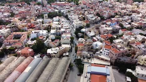 Downtown-rooftops-of-Chania-city-in-Crete-island,-Greece,-aerial-view