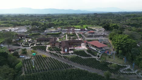 Aerial-of-Parque-del-Cafe-in-Quindio-Colombia-with-green-fields-of-coffee-plants