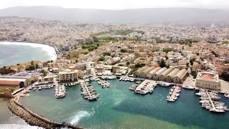 Panoramic-view-of-Chania-city-from-sea,-aerial