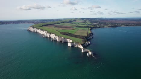 Old-Harry-Rocks,-Beautiful-Aerial-Footage-of-England's-Jurassic-Coast-on-Clear-Sunny-Day