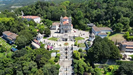 Bom-Jesus-do-Monte-Sanctuary-in-Braga,-Northern-Portugal,-aerial-shot-on-a-sunny-day