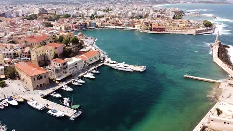 Beautiful-cityscape-of-Chania-in-Crete-island,-aerial-drone-view
