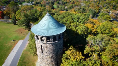 Rockford-Tower-revolve-drone-autumn-sunny-day-Wilmington-Delaware