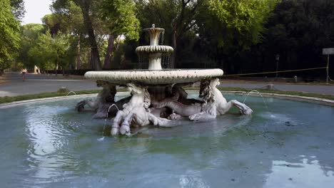 Fountain-of-Sea-Horses-at-Villa-Borghese-gardens,-designed-by-the-painter-Cristoforo-Unterperger-and-carved-by-sculptor-Vincenzo-Pacetti,-Rome,-Italy
