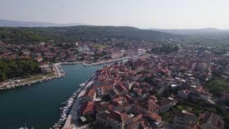 Stari-Grad-aerial-view-of-port-marina-and-townscape,-Croatia-travel-destination