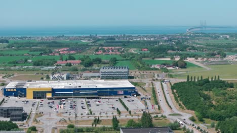 Concept-Swedish-IKEA-furniture-store-exports-goods-to-the-whole-world,-aerial