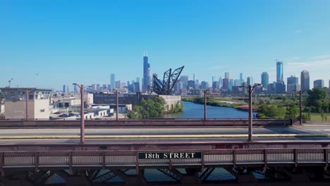 Close-Up-of-Chicago-18th-Street-Bridge-Reveling-Downtown-Skyline