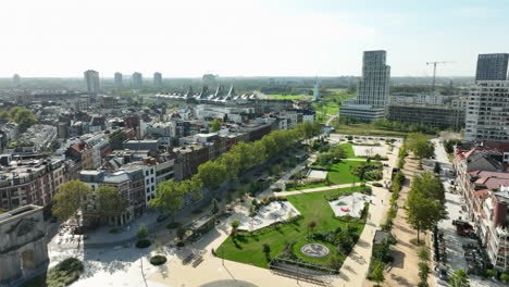 Antwerp-Zuid-City-Park-and-Surroundings-on-a-Sunny-Day-AERIAL-DOLLY-IN