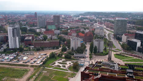 Aerial-panorama-view-showing-center-of-Gdansk-City-during-sunny-day-with-apartment-blocks-and-housing-area