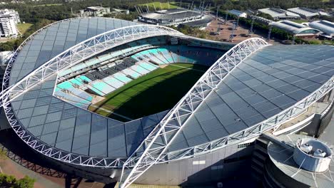Drohnen-Luftaufnahme-Der-Accor-Stadion-Arena,-New-South-Wales,-Homebush-Bay,-Sydney-Olympic-Park,-Fußballplätze,-Ausstellungsgelände,-Sport,-Outdoor-Unterhaltung,-Konzertveranstaltungen,-Super-Dome,-New-South-Wales,-Australien,-4K