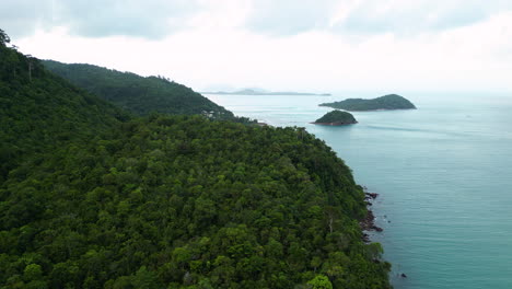 Majestic-islands-overgrown-with-dense-forest,-aerial-view