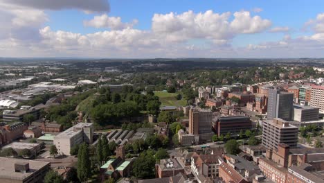 Soft-drone-view-over-urban-and-recreational-area-in-city-Nottingham,-England