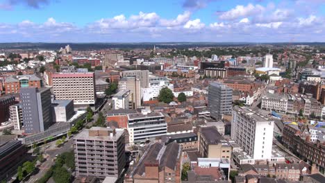 Aerial-drift-right-wide-drone-shot-of-Nottingham,-England-on-summer-day