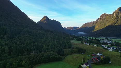 Aerial-over-the-valleys-near-Syvde,-Vanylven-Municipality,-Norway