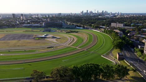 Drone-aerial-landscape-view-of-Royal-Randwick-Racecourse-track-tourism-carnival-gambling-equestrian-Sydney-City-CBD-Kensington-NSW-Australia-4K