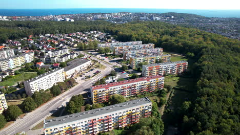 Aerial-birds-eye-shot-of-colorful-block-apartments-in-Witomino-District-of-Gdynia,-Poland