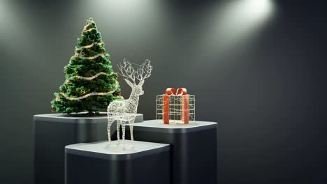 Weihnachtsbaum,-Beleuchtetes-Rentier-Und-Verpacktes-Geschenk-Auf-Schwarzem-Hintergrund