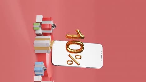 Smartphone-Mit-Goldenen-10-%-Neben-Verschiedenen-Geschenkboxen-Auf-Rotem-Hintergrund-Vertikal