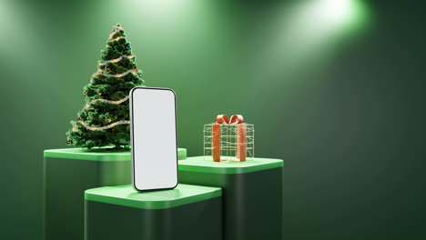 Smartphone,-Weihnachtsbaum-Und-Verpacktes-Geschenk-Auf-Grünem-Hintergrund