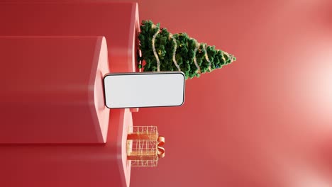 Smartphone,-Weihnachtsbaum-Und-Verpacktes-Geschenk-Auf-Rotem-Hintergrund-Vertikal