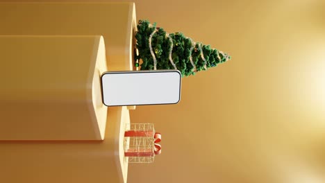Smartphone,-Weihnachtsbaum-Und-Verpacktes-Geschenk-Auf-Gelbem-Hintergrund-Vertikal