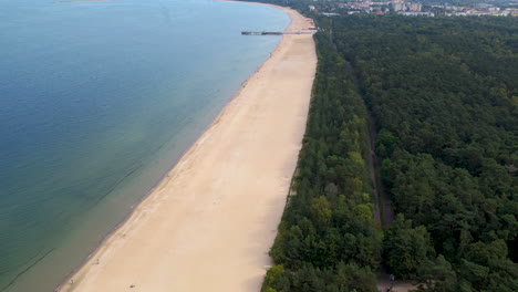 Aerial-top-down-shot-of-large-sandy-beach,-green-island-and-blue-baltic-sea-during-sunny-day---Gdansk,-Poland