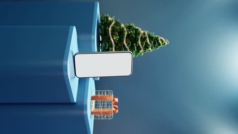 Smartphone,-Weihnachtsbaum-Und-Verpacktes-Geschenk-Auf-Blauem-Hintergrund-Vertikal