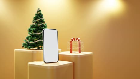 Teléfono-Inteligente,-árbol-De-Navidad-Y-Regalo-Envuelto-Sobre-Fondo-Amarillo