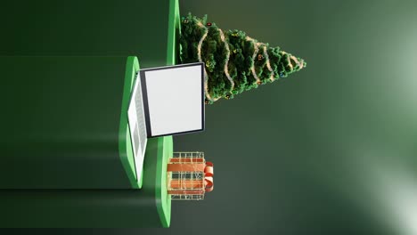 Laptop,-Weihnachtsbaum-Und-Verpacktes-Geschenk-Auf-Grünem-Hintergrund
