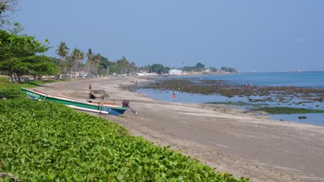 Playa-De-Arena-Con-Gente-Recogiendo-Y-Buscando-Mariscos,-Cangrejos,-Pulpos-Y-Peces-Pequeños-Durante-La-Marea-Baja-En-Dili,-Timor-Oriental,-Sudeste-De-Asia
