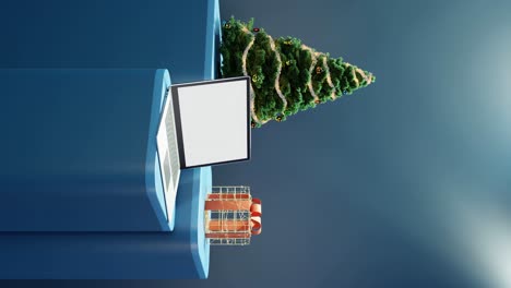 Laptop,-Weihnachtsbaum-Und-Verpacktes-Geschenk-Auf-Blauem-Hintergrund-Vertikal