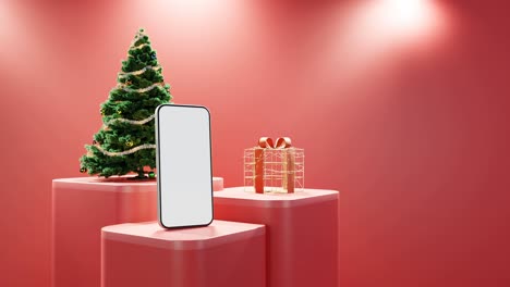 Smartphone,-Weihnachtsbaum-Und-Verpacktes-Geschenk-Auf-Rotem-Hintergrund