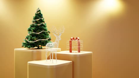 árbol-De-Navidad,-Renos-Iluminados-Y-Regalo-Envuelto-Sobre-Fondo-Amarillo