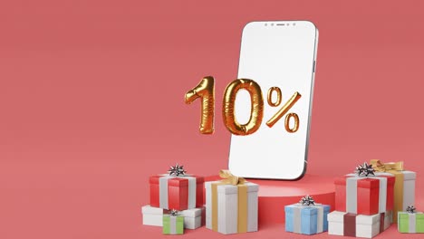 Smartphone-Mit-Goldenen-10-%-Neben-Verschiedenen-Geschenkboxen-Auf-Rotem-Hintergrund