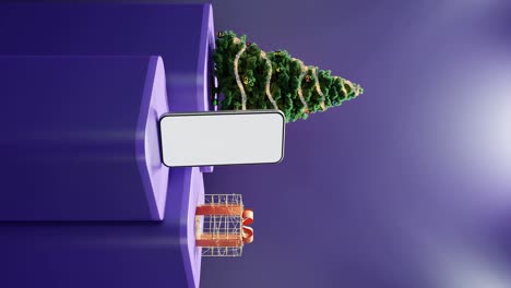 Teléfono-Inteligente,-árbol-De-Navidad-Y-Regalo-Envuelto-Sobre-Fondo-Púrpura