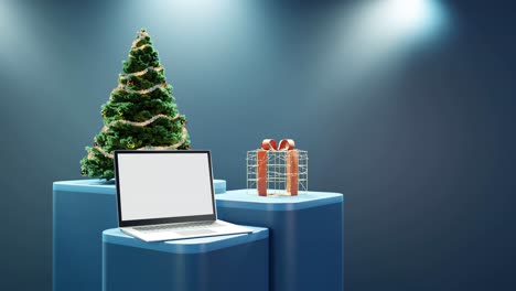 Computadora-Portátil,-árbol-De-Navidad-Y-Regalo-Envuelto-Sobre-Fondo-Azul