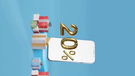 Smartphone-Mit-Goldenen-20-%-Neben-Verschiedenen-Geschenkboxen-Auf-Blauem-Hintergrund-Vertikal