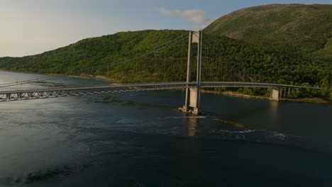 Aerial-scenic-view-of-traffic-on-suspension-bridge-at-Efjord,-Norway