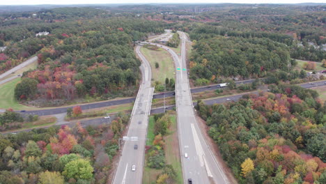 Drone-footage-over-Donald-Lynch-Boulevard-and-Route-495-in-Marlboro,-Massachusetts