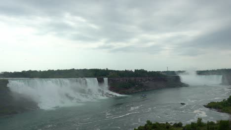 Landscape-view-of-Niagara-Falls,-water-flowing-down-the-waterfall-creating-steam,-on-a-cloudy-day