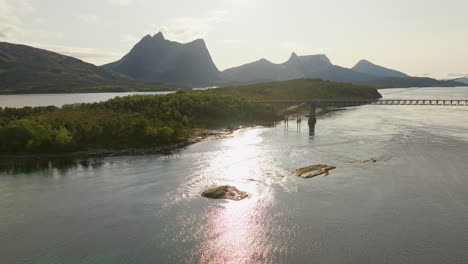Serene-drone-landscape-of-Efjorden-fjord,-bridge-and-mountain-vista