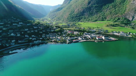 High-Drone-View-of-Coastal-Fjord-Town-Aurland,-Norway