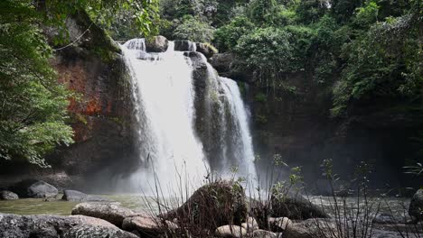 White-water-falling-down-from-Heo-Suwat-Waterfall-in-Khao-Yai-National-Park,-Thailand