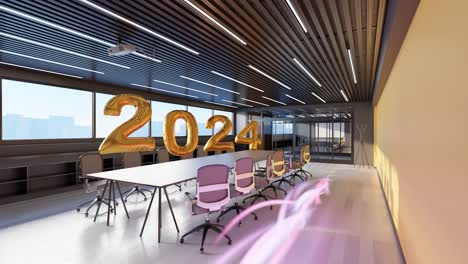 Moderne-Büroräume-Zur-Feier-Des-Jahres-2024-Mit-Goldenen-Luftballons