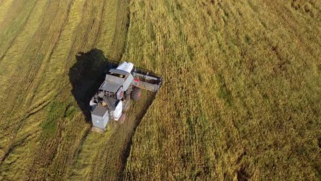 Aerial-clip-of-harvester-processing-crop-in-a-large-agricultural-field