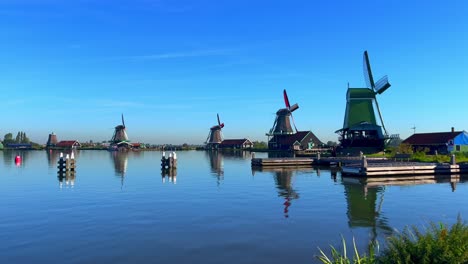 Wooden-windmill-at-the-Zaanse-Schans-windmill-village-during-the-day-time,-wooden-historical-windmills-Zaanse-Schans-Netherlands-Holland
